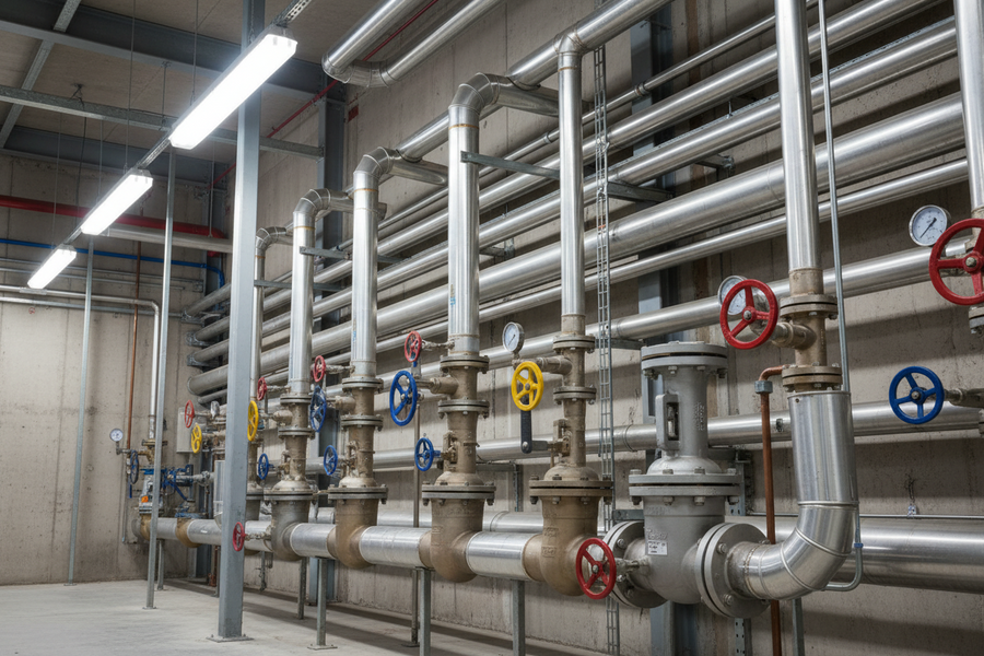 Commercial plumbing system with pipes and valves